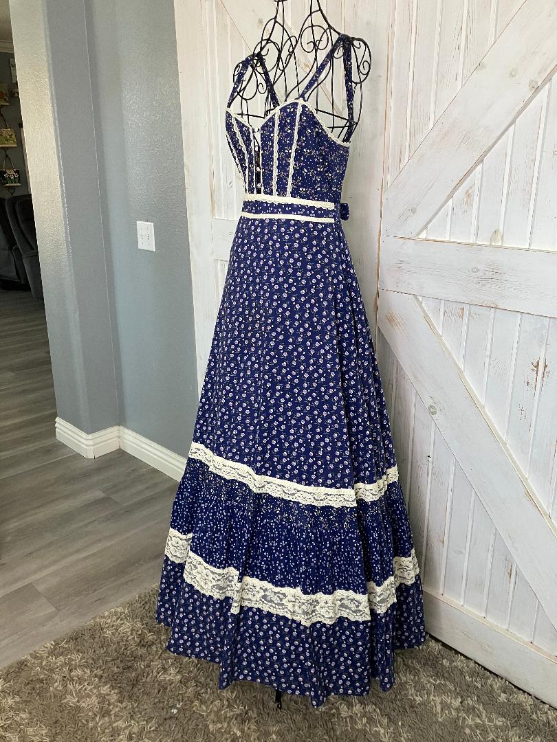 70's Vintage Gunne Sax Blue White Purple Calico Sweetheart Prairie Maxi Sundress Dress 9 *FLAWS