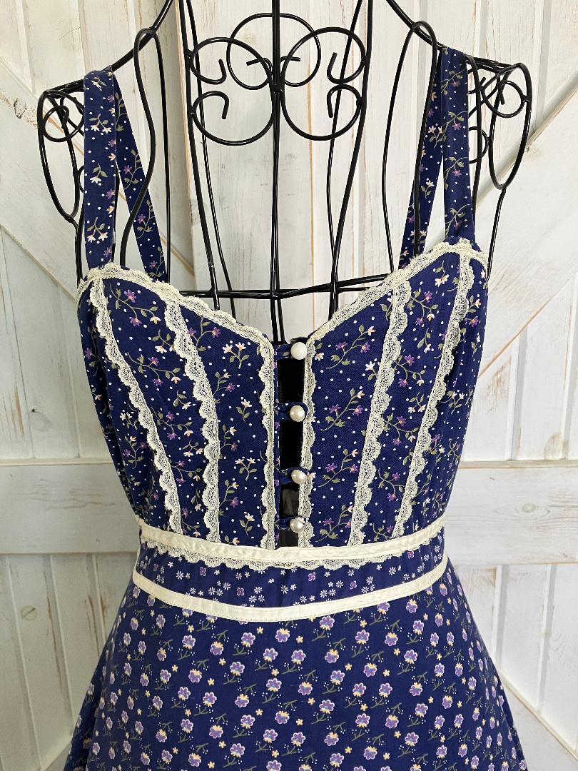70's Vintage Gunne Sax Blue White Purple Calico Sweetheart Prairie Maxi Sundress Dress 9 *FLAWS