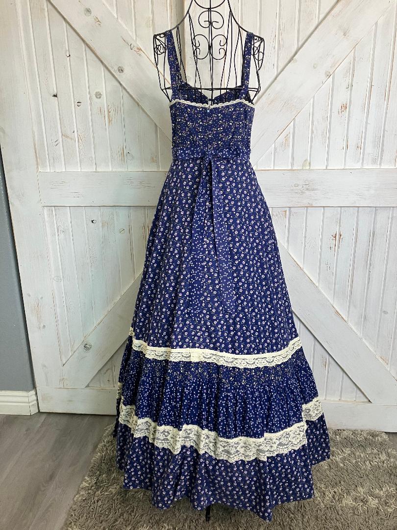 70's Vintage Gunne Sax Blue White Purple Calico Sweetheart Prairie Maxi Sundress Dress 9 *FLAWS