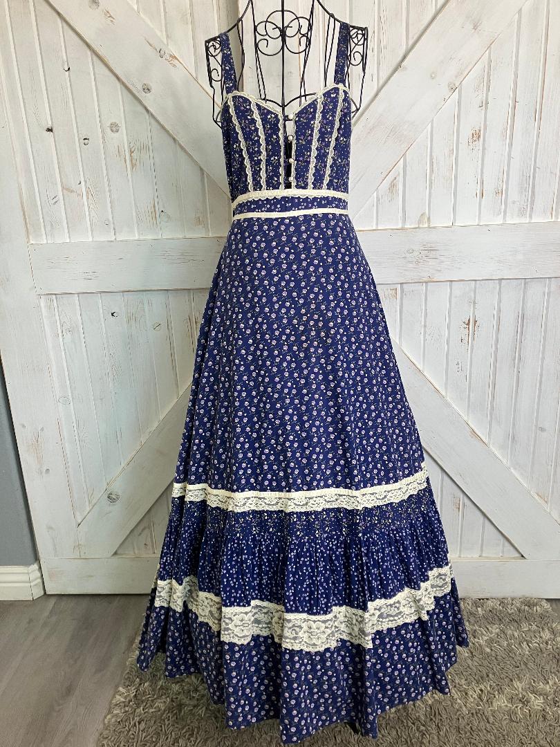 70's Vintage Gunne Sax Blue White Purple Calico Sweetheart Prairie Maxi Sundress Dress 9 *FLAWS