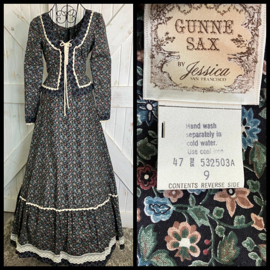 70's Vintage Gunne Sax Black Blue Green Corset Peplum Prairie Pioneer Woman Maxi Dress