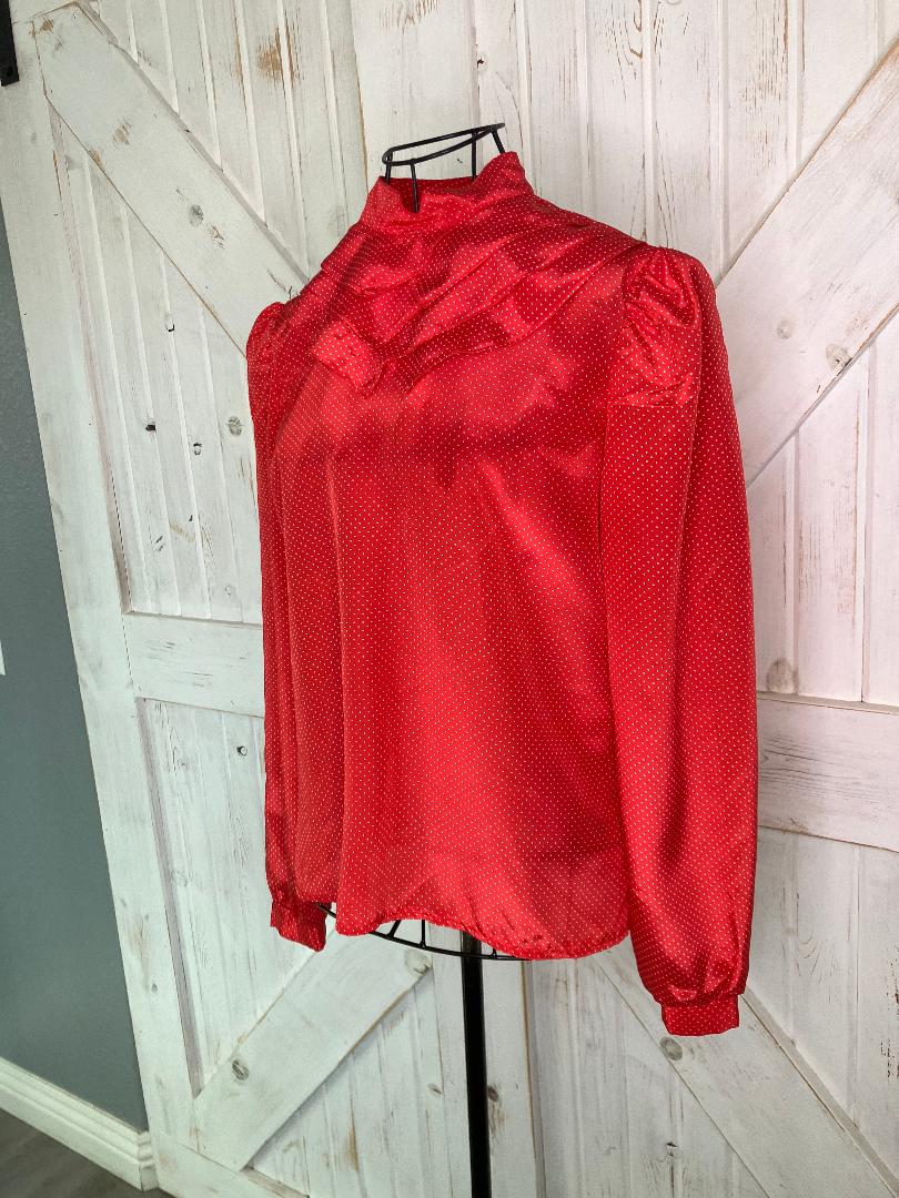 80's Vintage City Girl California Red White Swiss Polka Dot Career Top Shirt Blouse