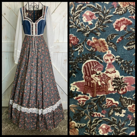 70's Vintage Gunne Sax Lamplighter Child Novelty Print Blue Velvet Sweetheart Corset Prairie Maxi Dress