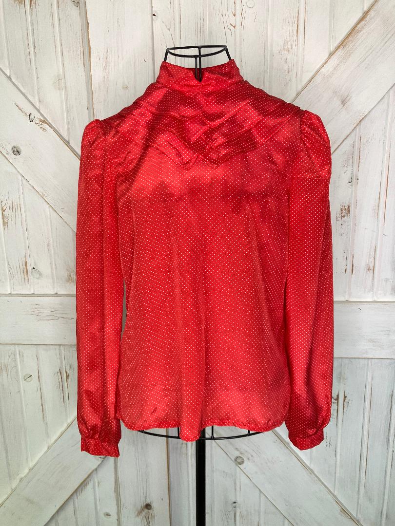 80's Vintage City Girl California Red White Swiss Polka Dot Career Top Shirt Blouse