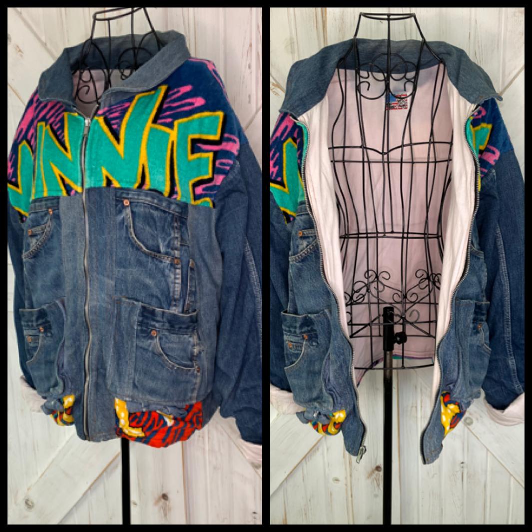 90's Vintage Too Cute Guetta Brothers Walt Disney Co Minnie Mouse Neon Terry Denim Bomber Jacket