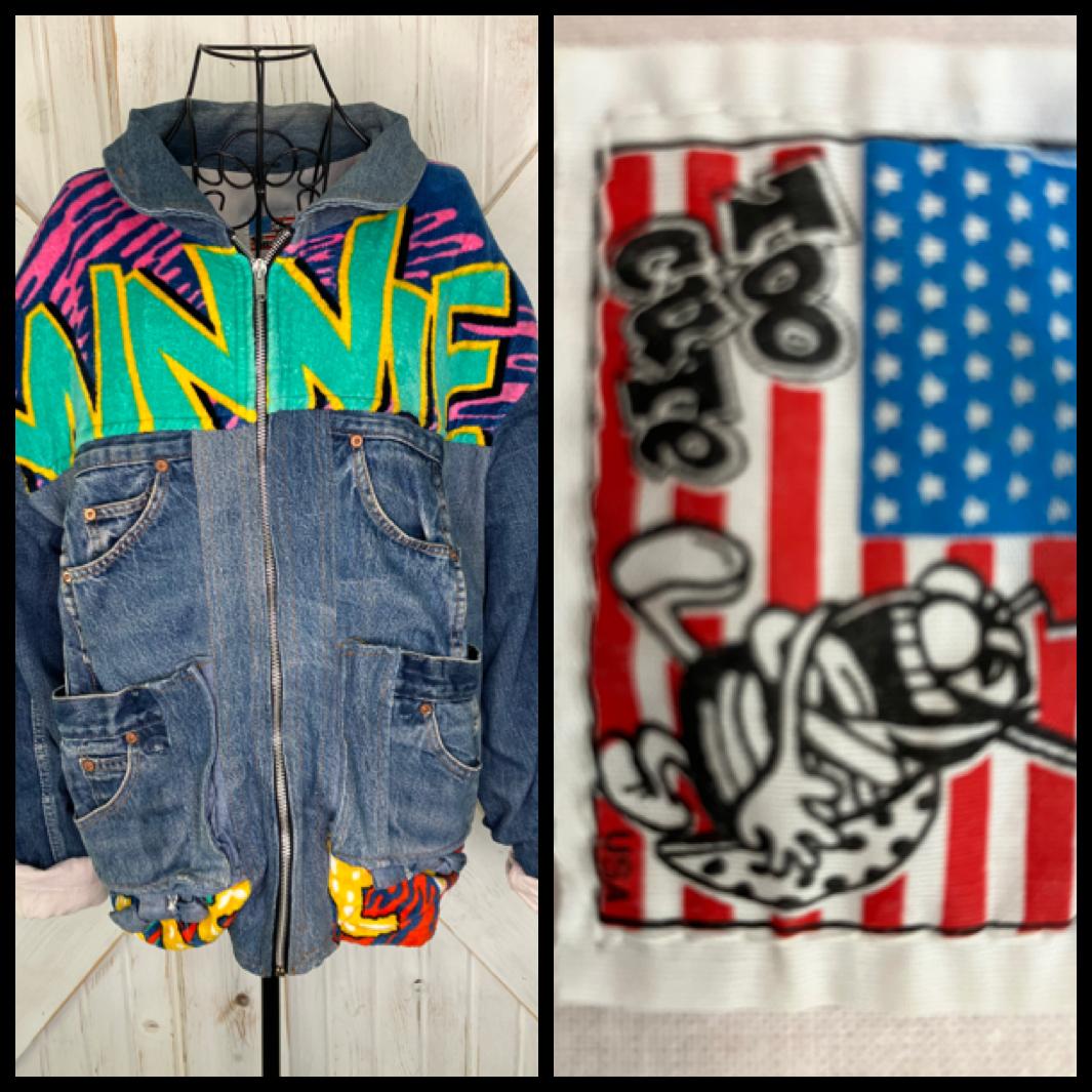 90's Vintage Too Cute Guetta Brothers Walt Disney Co Minnie Mouse Neon Terry Denim Bomber Jacket