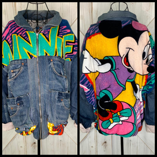 90's Vintage Too Cute Guetta Brothers Walt Disney Co Minnie Mouse Neon Terry Denim Bomber Jacket