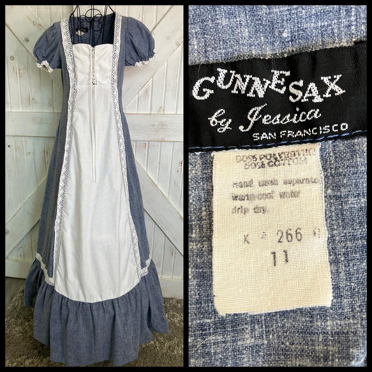 70's Vintage Gunne Sax Black Label Blue Jean Denim Chambray White Western Corset Prairie Maxi Dress 11