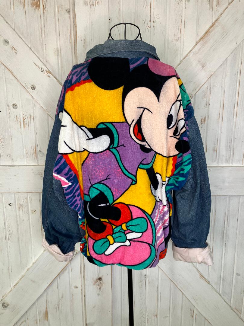 90's Vintage Too Cute Guetta Brothers Walt Disney Co Minnie Mouse Neon Terry Denim Bomber Jacket