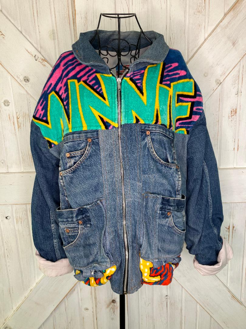 90's Vintage Too Cute Guetta Brothers Walt Disney Co Minnie Mouse Neon Terry Denim Bomber Jacket