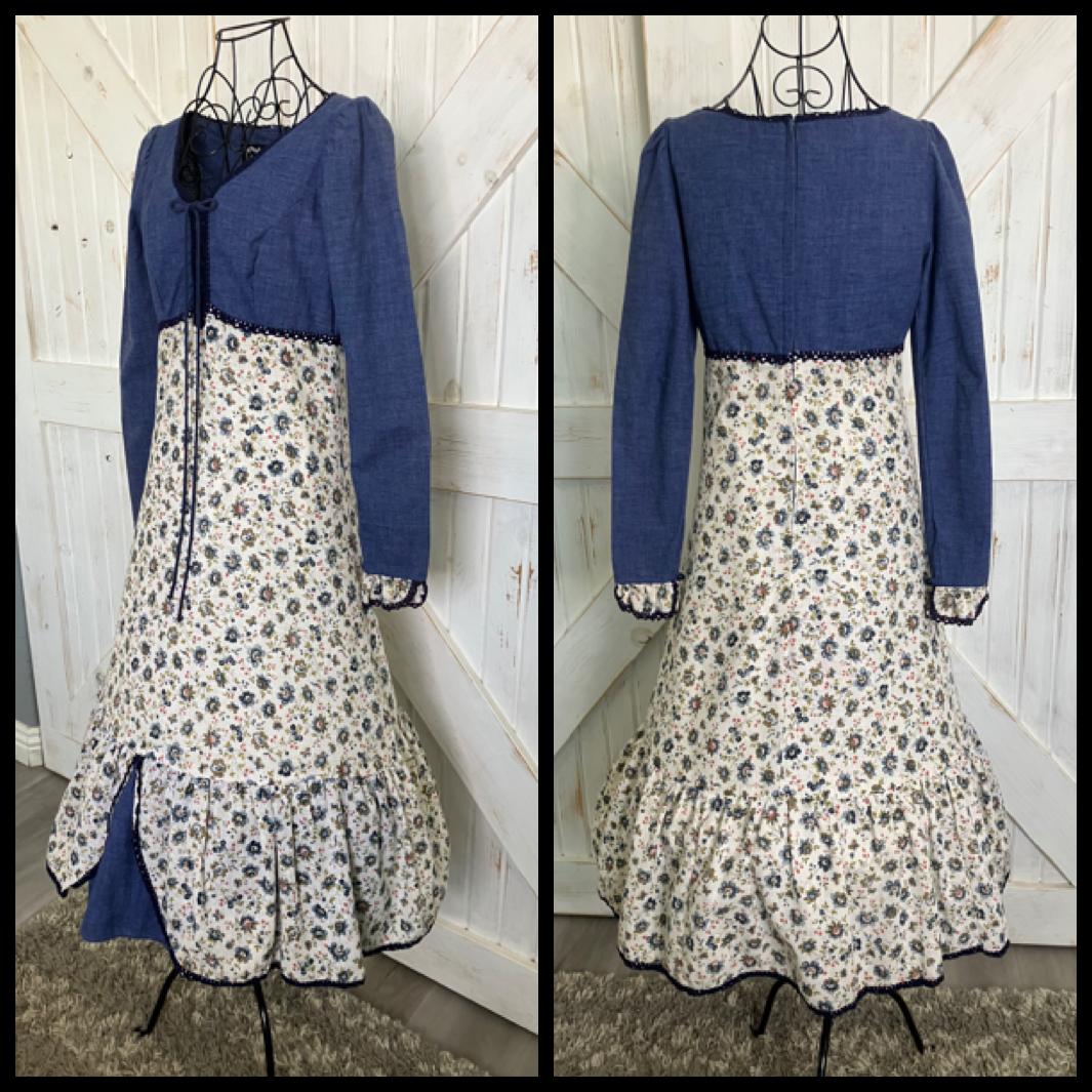 70's Vintage Gunne Sax Black Label Blue Butterfly Calico Prairie Corset Midi Dress 13 *HEMMED