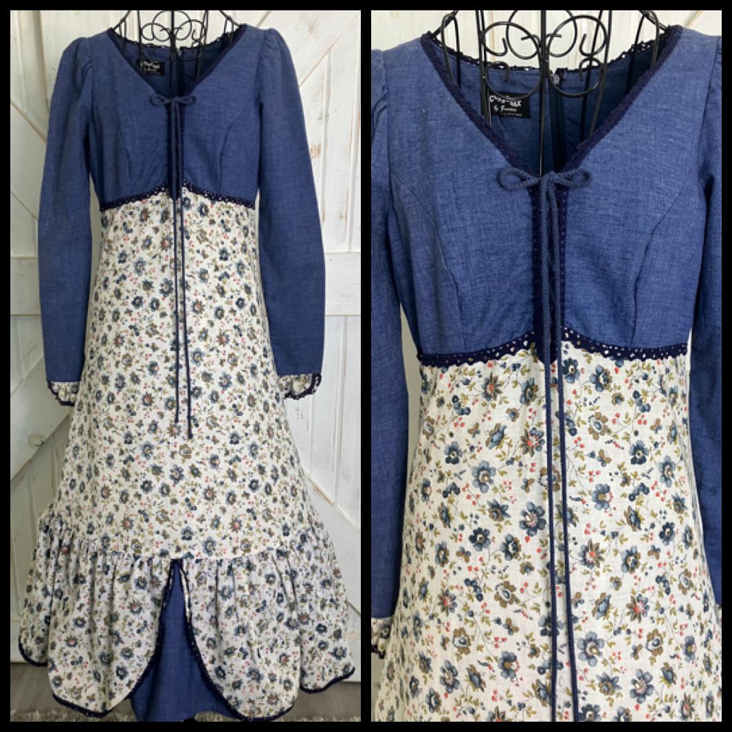 70's Vintage Gunne Sax Black Label Blue Butterfly Calico Prairie Corset Midi Dress 13 *HEMMED