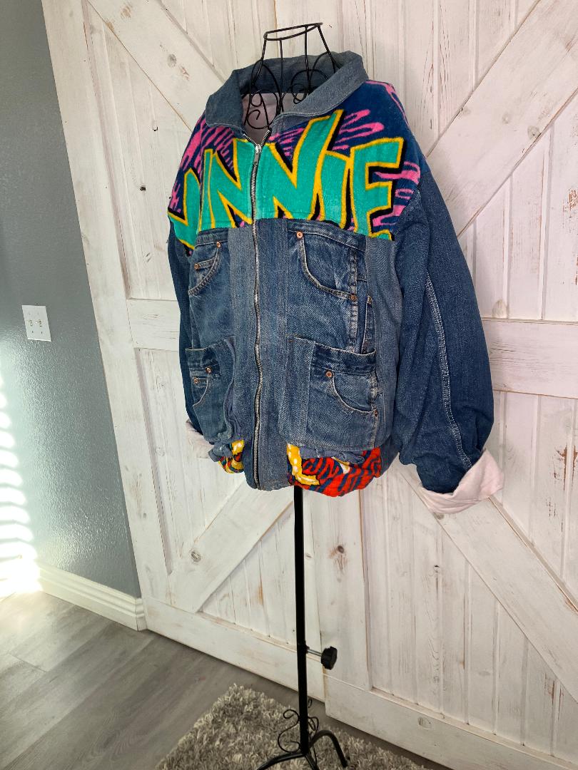 90's Vintage Too Cute Guetta Brothers Walt Disney Co Minnie Mouse Neon Terry Denim Bomber Jacket