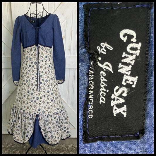 70's Vintage Gunne Sax Black Label Blue Butterfly Calico Prairie Corset Midi Dress 13 *HEMMED