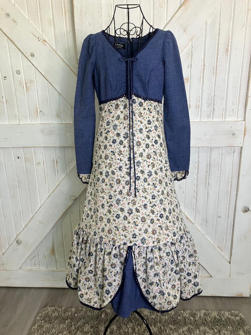 70's Vintage Gunne Sax Black Label Blue Butterfly Calico Prairie Corset Midi Dress 13 *HEMMED
