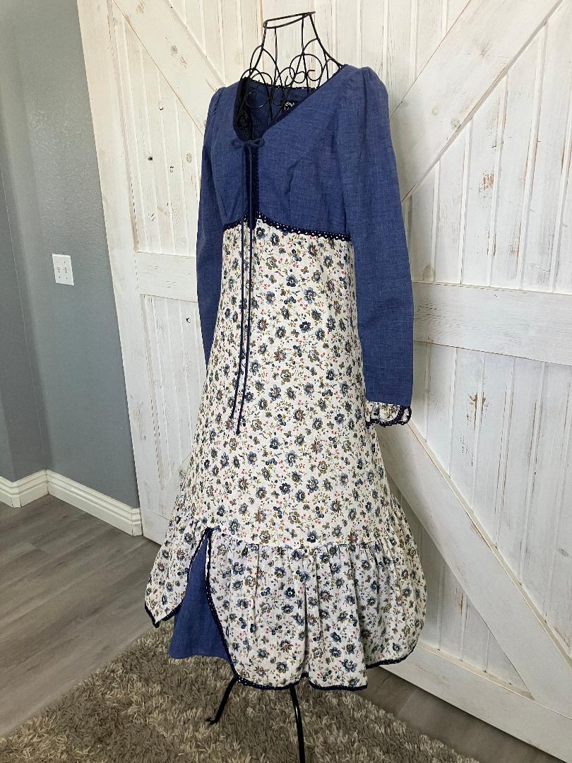 70's Vintage Gunne Sax Black Label Blue Butterfly Calico Prairie Corset Midi Dress 13 *HEMMED
