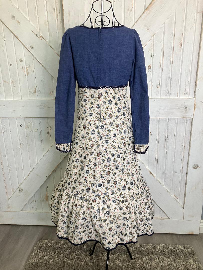 70's Vintage Gunne Sax Black Label Blue Butterfly Calico Prairie Corset Midi Dress 13 *HEMMED