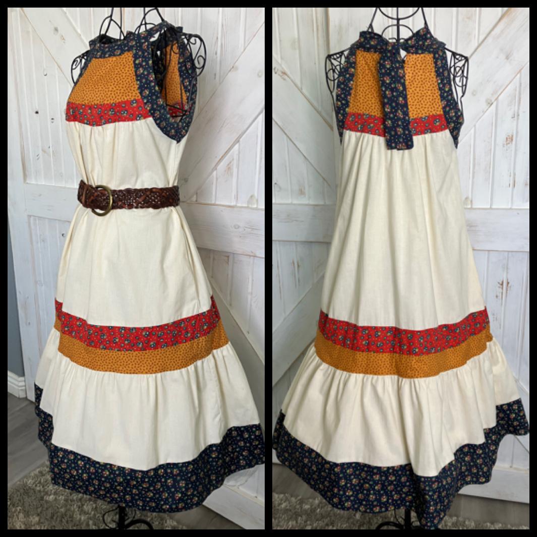 70's Vintage Gunne Sax Blue Red Yellow Calico Halter Tent Prairie Western Midi Dress 9
