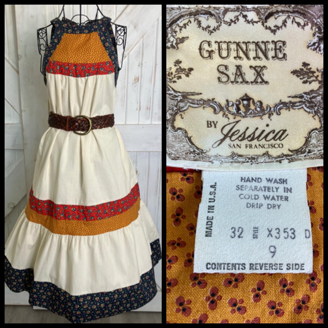 70's Vintage Gunne Sax Blue Red Yellow Calico Halter Tent Prairie Western Midi Dress 9