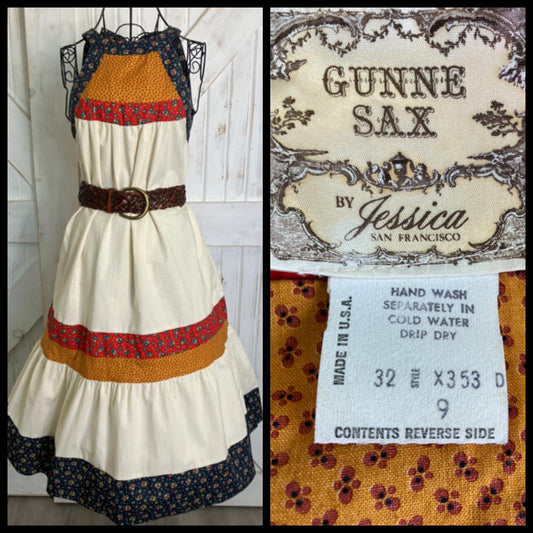 70's Vintage Gunne Sax Blue Red Yellow Calico Halter Tent Prairie Western Midi Dress 9