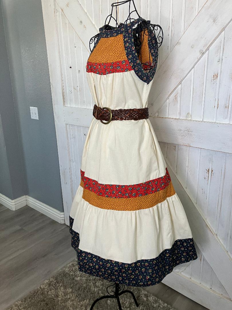 70's Vintage Gunne Sax Blue Red Yellow Calico Halter Tent Prairie Western Midi Dress 9