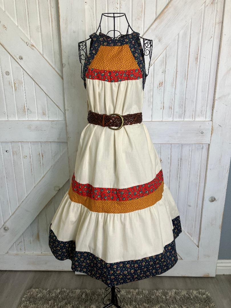 70's Vintage Gunne Sax Blue Red Yellow Calico Halter Tent Prairie Western Midi Dress 9