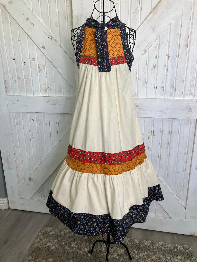 70's Vintage Gunne Sax Blue Red Yellow Calico Halter Tent Prairie Western Midi Dress 9
