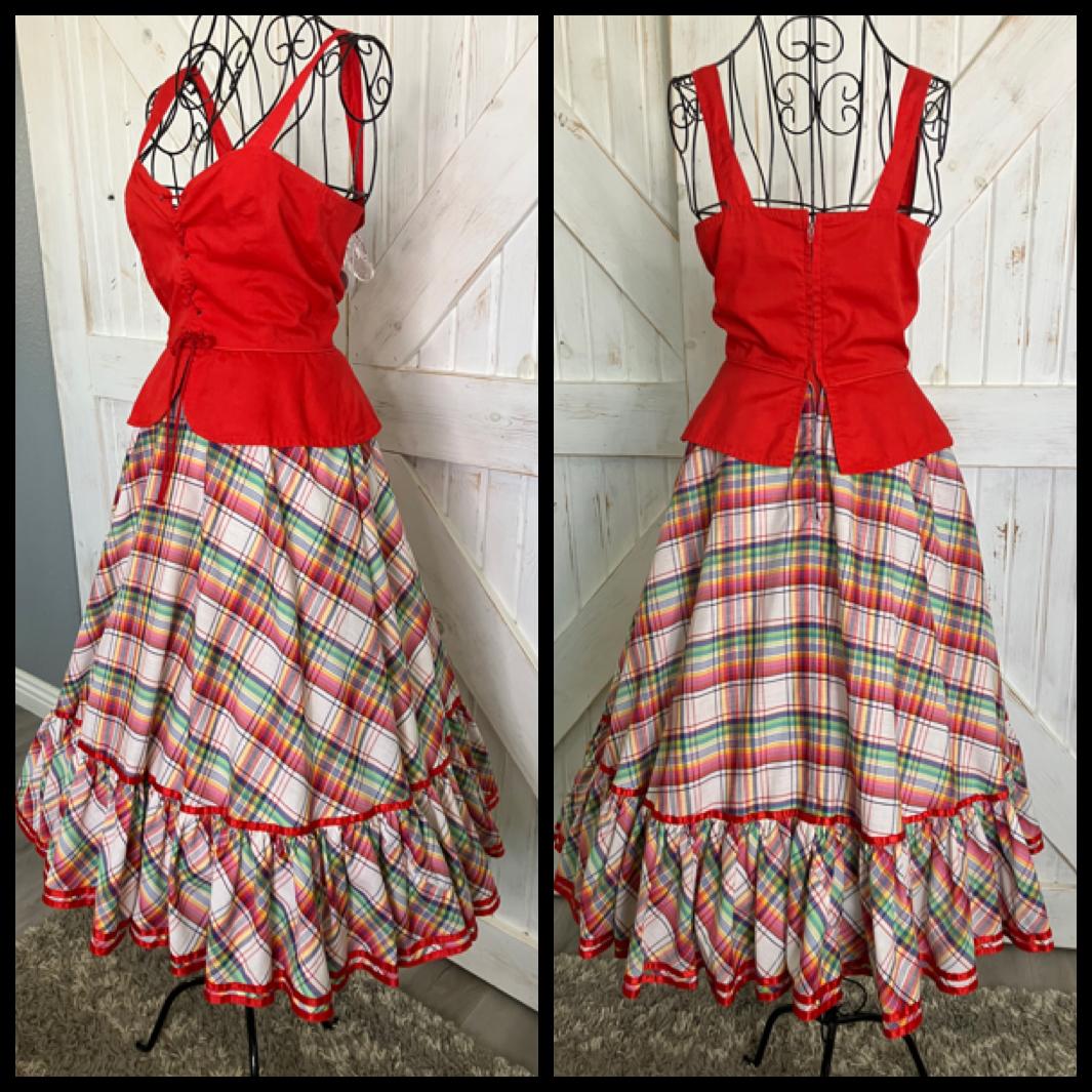 70's Vintage Howard Wolf Gunne Sax STYLE Red Rainbow Plaid Peplum Corset Prairie Midi Sundress Dress