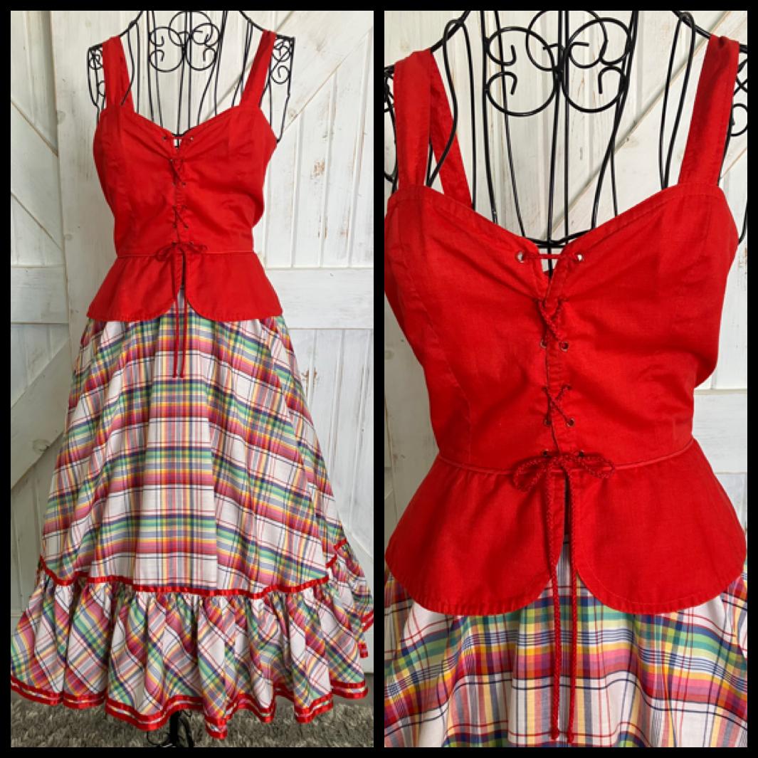 70's Vintage Howard Wolf Gunne Sax STYLE Red Rainbow Plaid Peplum Corset Prairie Midi Sundress Dress