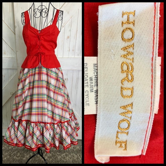 70's Vintage Howard Wolf Gunne Sax STYLE Red Rainbow Plaid Peplum Corset Prairie Midi Sundress Dress