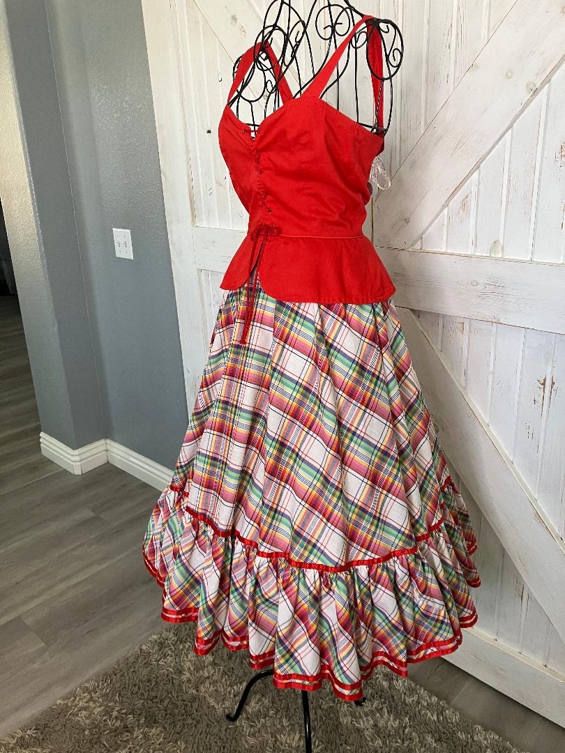 70's Vintage Howard Wolf Gunne Sax STYLE Red Rainbow Plaid Peplum Corset Prairie Midi Sundress Dress
