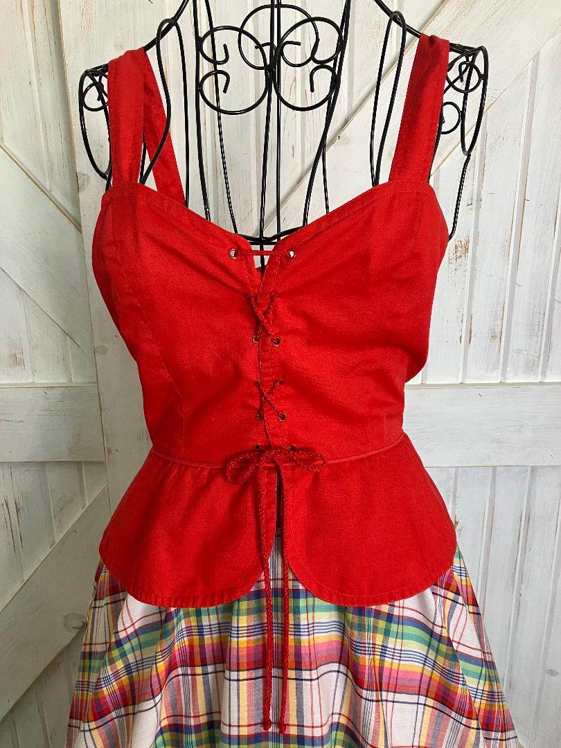 70's Vintage Howard Wolf Gunne Sax STYLE Red Rainbow Plaid Peplum Corset Prairie Midi Sundress Dress