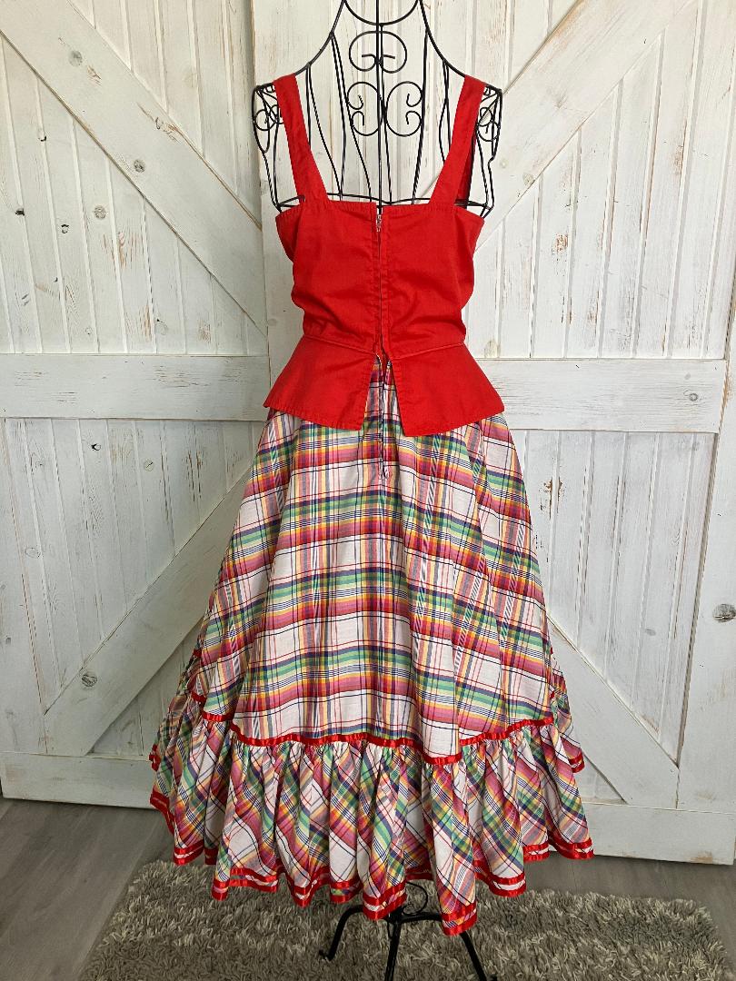 70's Vintage Howard Wolf Gunne Sax STYLE Red Rainbow Plaid Peplum Corset Prairie Midi Sundress Dress