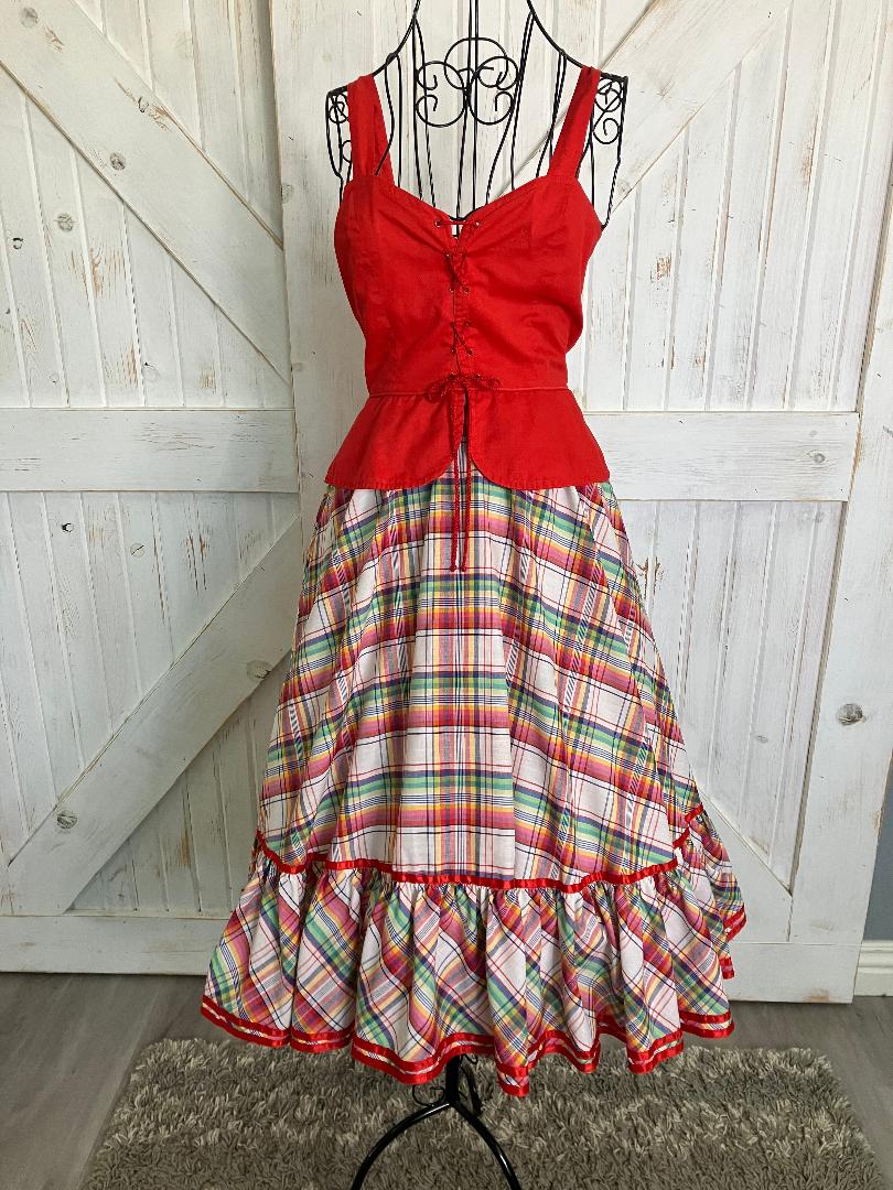 70's Vintage Howard Wolf Gunne Sax STYLE Red Rainbow Plaid Peplum Corset Prairie Midi Sundress Dress