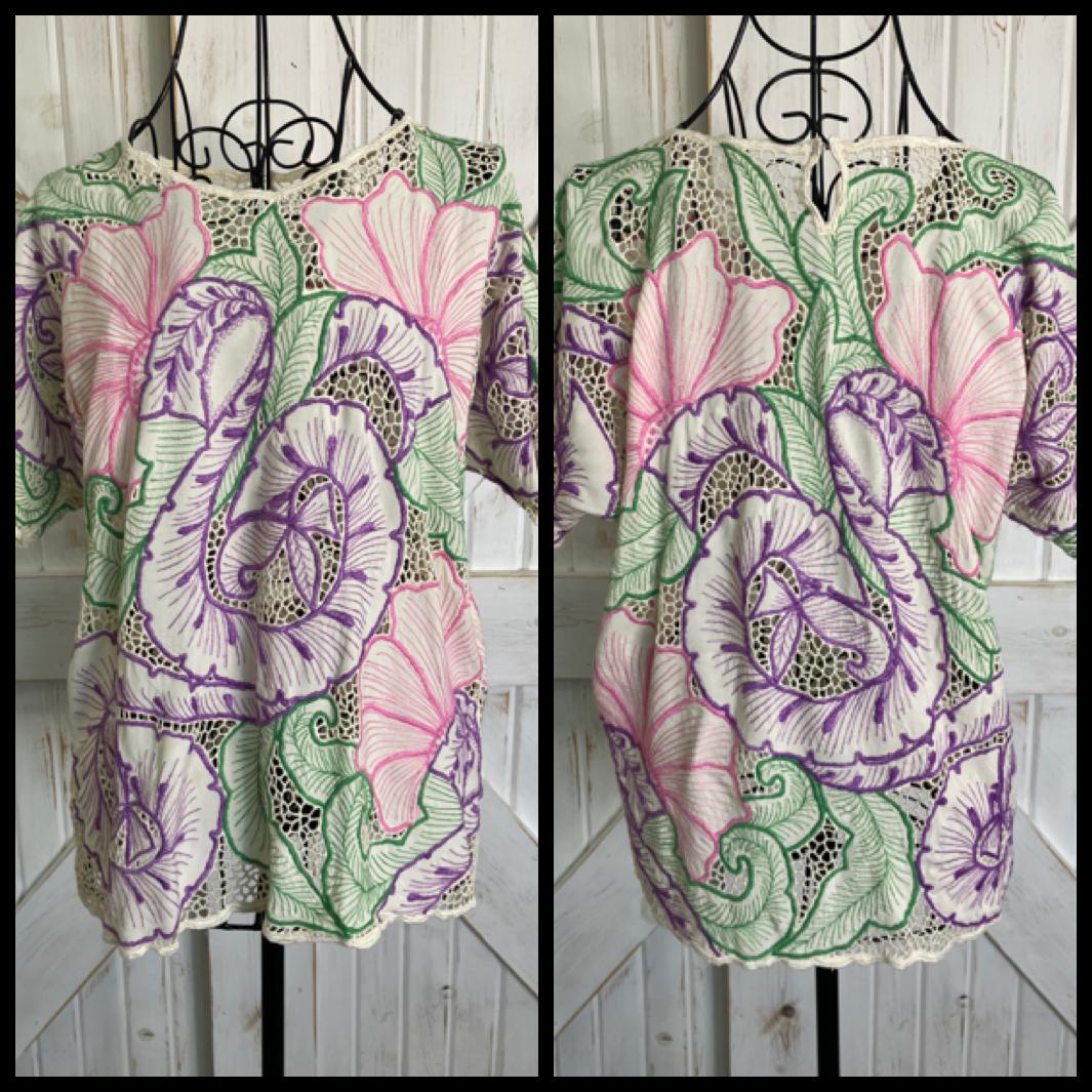 80's Vintage Hawaiian Knit Pink White Green Purple Blouse Top Shirt
