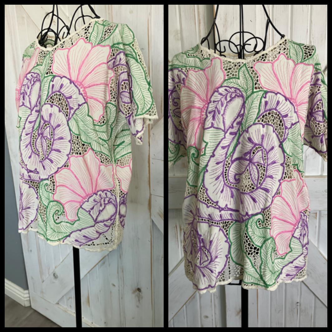 80's Vintage Hawaiian Knit Pink White Green Purple Blouse Top Shirt