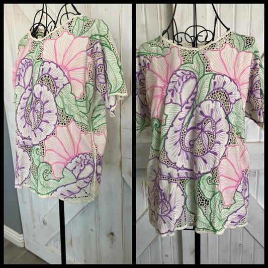 80's Vintage Hawaiian Knit Pink White Green Purple Blouse Top Shirt