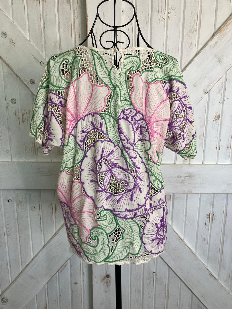 80's Vintage Hawaiian Knit Pink White Green Purple Blouse Top Shirt