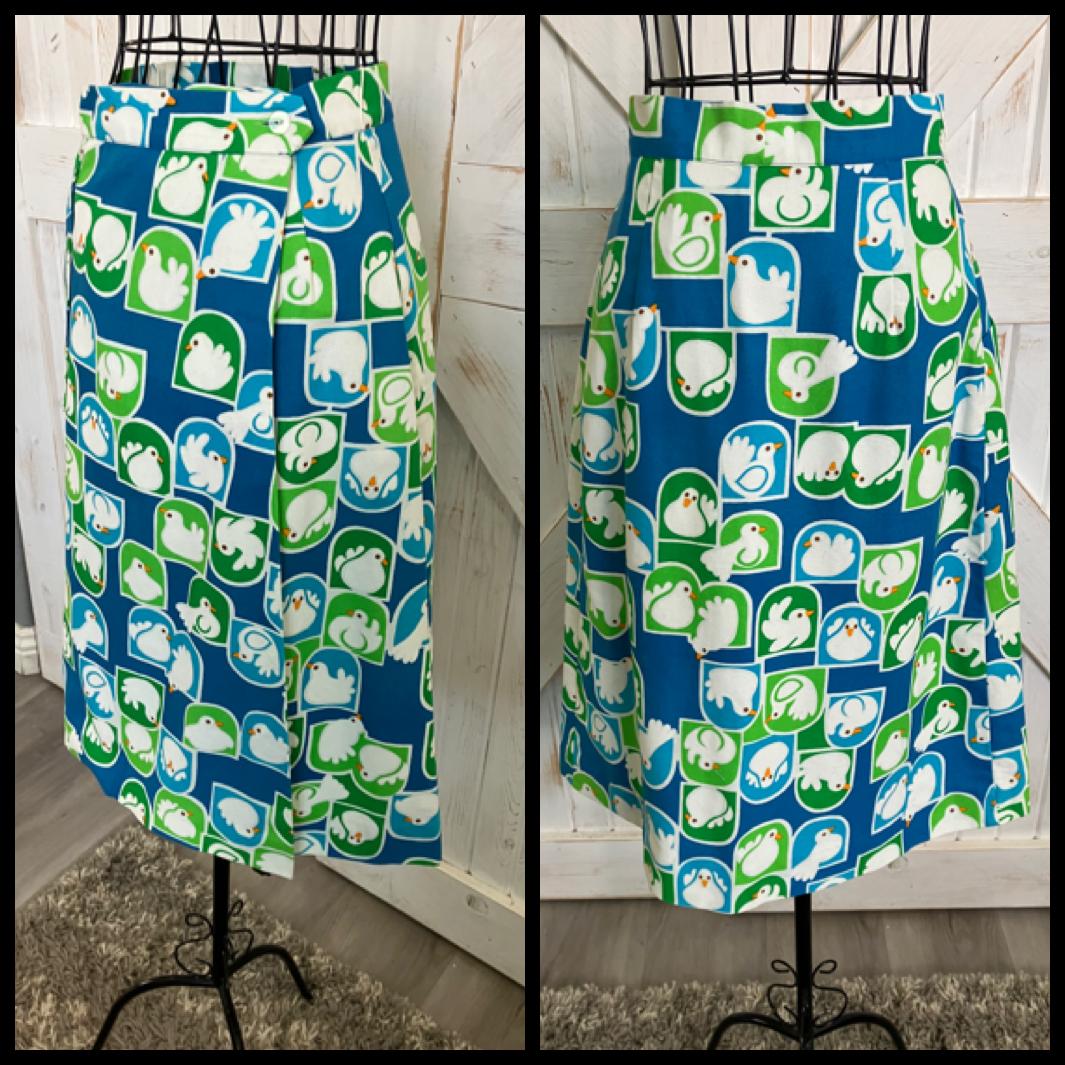 70's Vintage Malia Honolulu Hawaiian Midi Skirt Blue White Green Peace Doves Birds