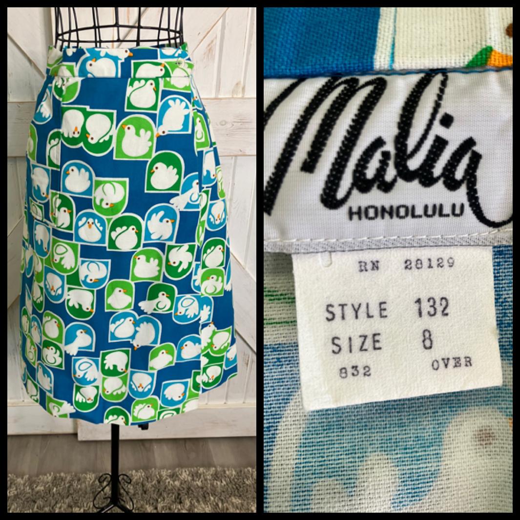 70's Vintage Malia Honolulu Hawaiian Midi Skirt Blue White Green Peace Doves Birds