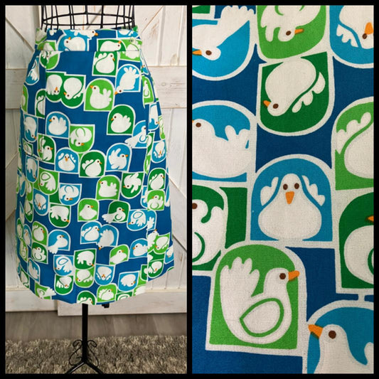 70's Vintage Malia Honolulu Hawaiian Midi Skirt Blue White Green Peace Doves Birds
