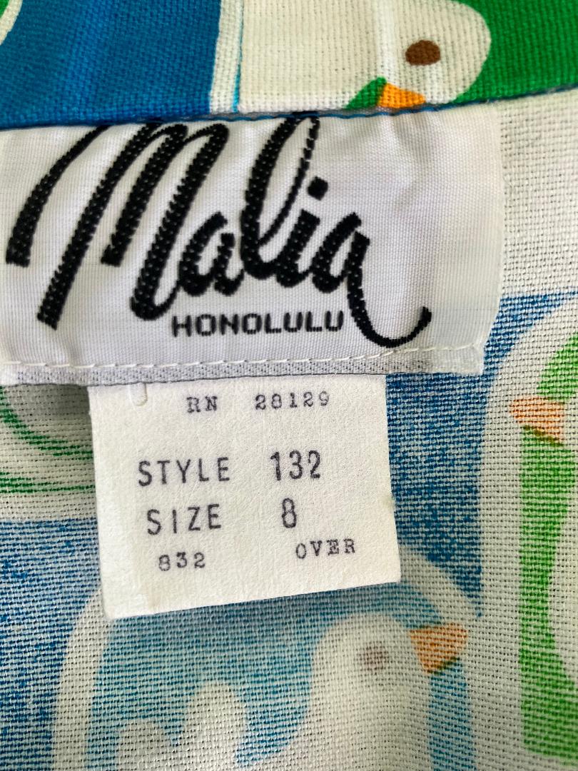 70's Vintage Malia Honolulu Hawaiian Midi Skirt Blue White Green Peace Doves Birds