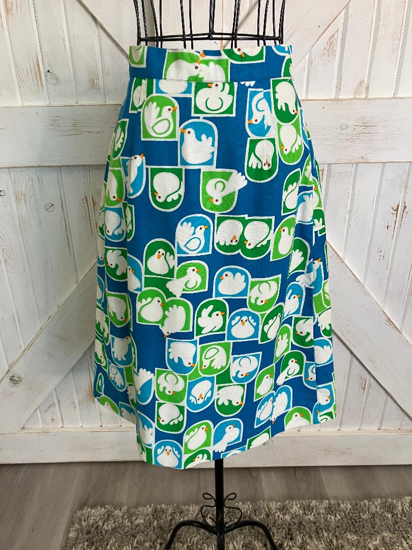 70's Vintage Malia Honolulu Hawaiian Midi Skirt Blue White Green Peace Doves Birds