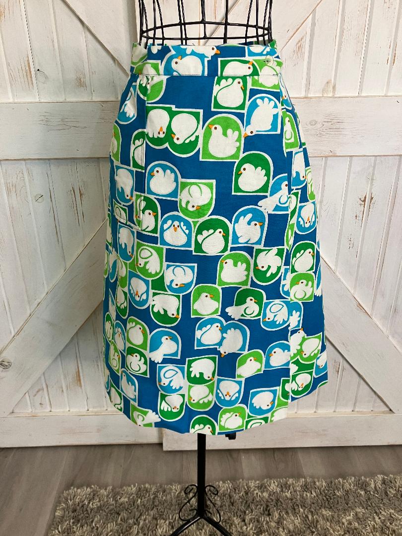 70's Vintage Malia Honolulu Hawaiian Midi Skirt Blue White Green Peace Doves Birds