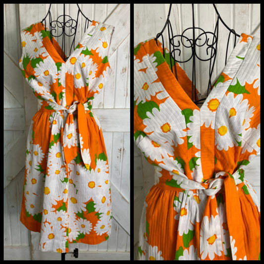 70's Vintage Malia Honolulu Hawaiian Orange White Green Daisy Mini Midi Sundress Dress w/ Original Belt