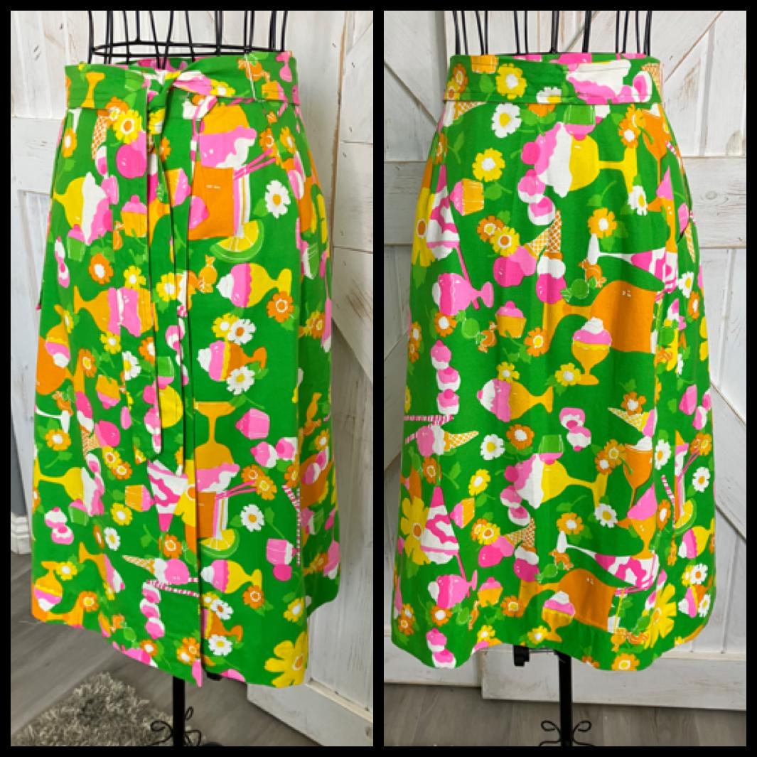 70's Vintage Malia Honolulu Hawaiian Wrap Mini Midi Skirt Green Pink Ice Cream Cupcakes w/ Original Belt