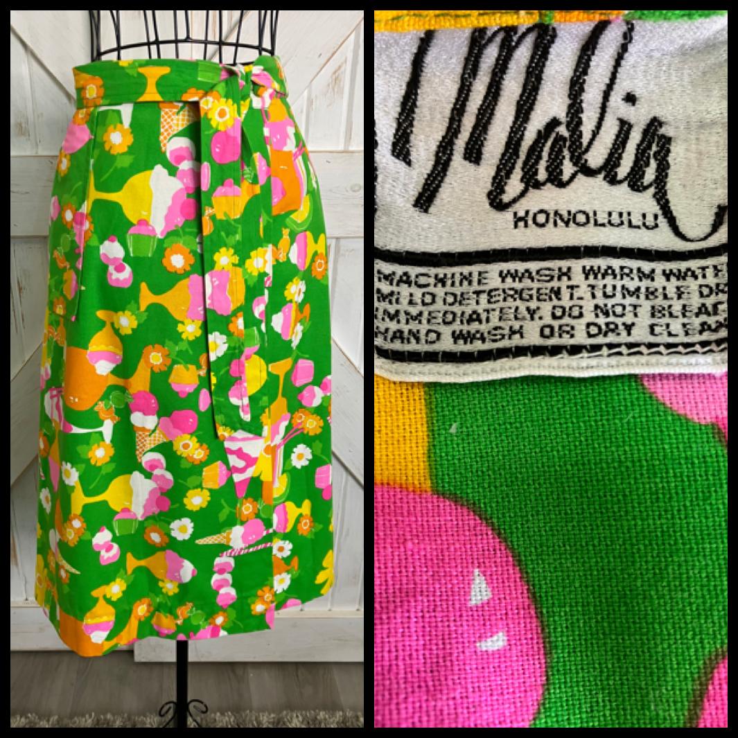 70's Vintage Malia Honolulu Hawaiian Wrap Mini Midi Skirt Green Pink Ice Cream Cupcakes w/ Original Belt