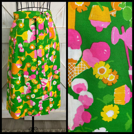 70's Vintage Malia Honolulu Hawaiian Wrap Mini Midi Skirt Green Pink Ice Cream Cupcakes w/ Original Belt