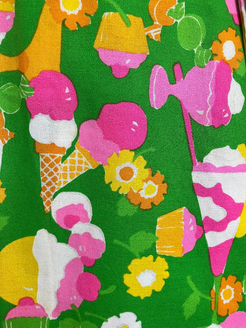 70's Vintage Malia Honolulu Hawaiian Wrap Mini Midi Skirt Green Pink Ice Cream Cupcakes w/ Original Belt