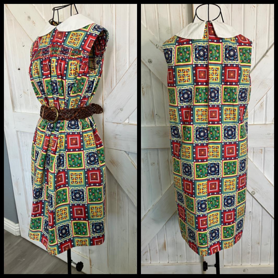 60's Vintage Phil Jacobs KC Red Rainbow Patchwork Marsha Brady Mini Dress